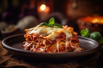 Macro view photography of a juicy lasagna on a rustic plate against a natural brick background. With generative AI technology - obrazy, fototapety, plakaty