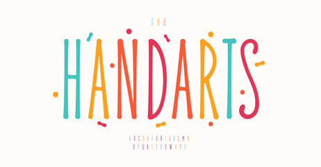 Thin handwritten alphabet, bright colorful letters, light children typography, childhood typographic design. Vector typeset