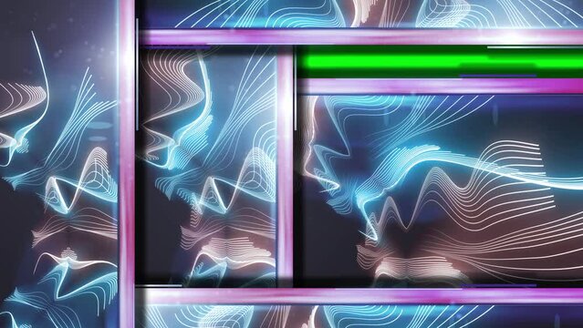  abstract shapes lines in moving blocks animation with glowing neon beams in dark background. Energy flow path with green screen on the begining
