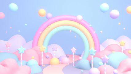 3d rendered cartoon rainbow world with star candy sticks. - obrazy, fototapety, plakaty