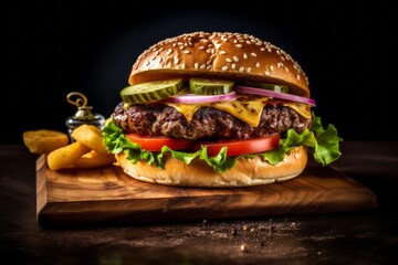 Rustic ambiance close-up photography of a delicious burguer on a slate plate against a rice paper background. With generative AI technology