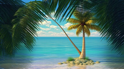 An exotic palm tree on the seashore with white sand. Summer vacation by the sea. Generative AI