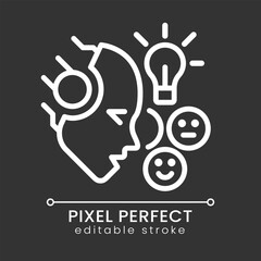 AI understands emotions pixel perfect white linear icon for dark theme. Facial expressions analysis. Affective computing. Thin line illustration. Isolated symbol for night mode. Editable stroke