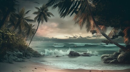 Fototapeta premium Exotic palm trees on the beach with sand. Raging weather on the beach. Summer vacation by the sea. Generative AI