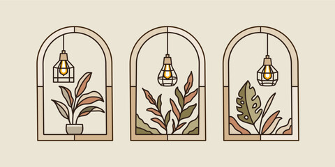 Boho Logos with tropical plant Leaves  on vase with pendant light lamp in Modern Minimalist Line Style. Vector Bohemian Labels for Creating Postcard, Posters, Invitation, Social Media Posts 