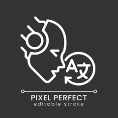 AI translates pixel perfect white linear icon for dark theme. Read signs in foreign language. Neural network model. Thin line illustration. Isolated symbol for night mode. Editable stroke