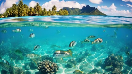 Fototapeta na wymiar Deep blue sea with fish. A tropical island paradise in the distance. Summer vacation at the sea. Generative AI