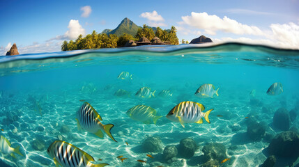 Deep blue sea with fish. A tropical island paradise in the distance. Summer vacation at the sea. Generative AI
