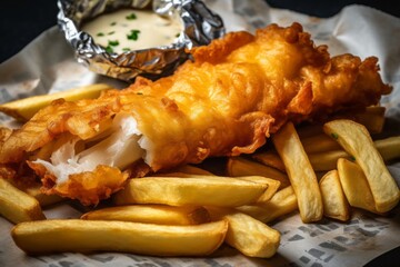Macro view photography of a tempting fish and chips on a marble slab against an aluminum foil...