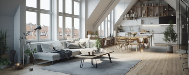 Banner - Living room in Loft in Scandinavian design marked by a focus on clean, simple lines, minimalism, and functionality without sacrificing beauty. Architecture and Real estate, AI generative