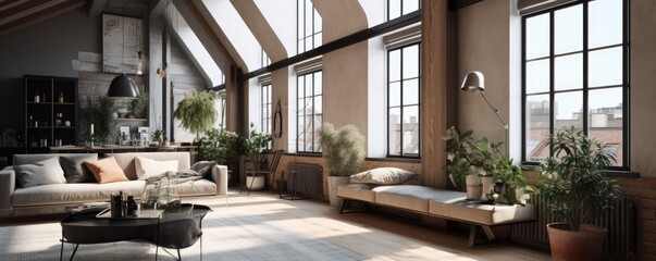 Fototapeta premium Banner - Living room in Loft in Scandinavian design marked by a focus on clean, simple lines, minimalism, and functionality without sacrificing beauty. Architecture and Real estate, AI generative
