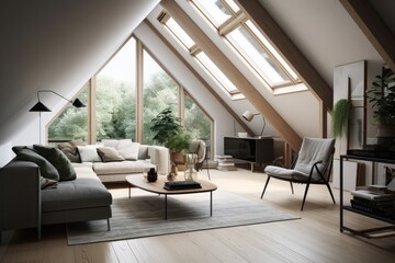 Living room in Loft in Scandinavian design marked by a focus on clean, simple lines, minimalism, and functionality without sacrificing beauty. Architecture and Real estate, AI generative