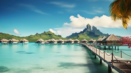Fototapeta na wymiar Deep sea, luxury villas and trees in the distance. A tropical island paradise. Summer vacation at the sea. Generative AI