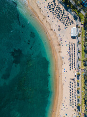 exotic beach with palms and clean blue water, tourists on vacation, Tenerife