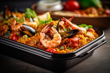 Macro detail close-up photography of a tempting paella in a bento box against a painted acrylic background. With generative AI technology