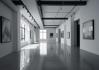 art gallery interior. Beautiful modern white glossy walls and floor interior. Generative Ai