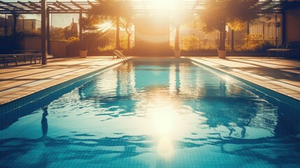 The water surface of the pool with sunlight, clear blue water. Generative AI
