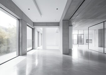 Large white concrete iinterior mock open space office. Generative Ai