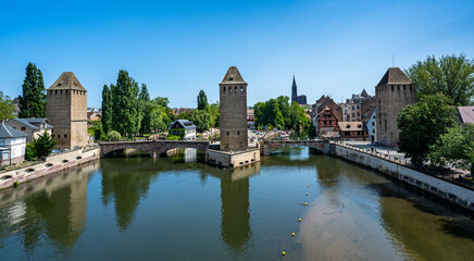 Fototapeta na wymiar Covered bridge Pont Couverts in Strasbourgh in the district Petite France, Alsace.