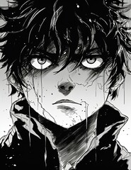 Detailed bkack and white ink drawing of a cartoon charcter, anime style. Generative Ai