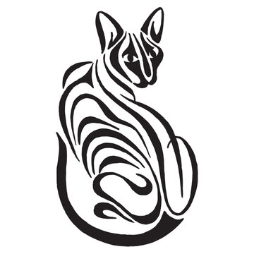 Egyptian cat drawing stylized. Black and white exotic cat vector illustration isolated on white background. linear drawing. Cat silhouette drawing by hand. Vector image. Calligraphic drawing.