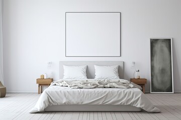 Cosy bright bedroom with large canvas mock-up on the wall. Generative Ai