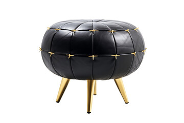 Black Leather Pouf with Gold Metallic Accents Elegant Furniture Piece on Transparent background