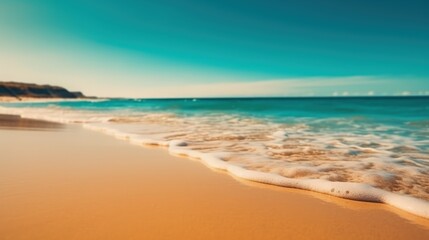 Fototapeta na wymiar Empty sea coast with yellow sand and emerald wave with white foam. Summer vacation at the sea. Generative AI