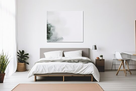 Cosy bright bedroom with large canvas mock-up on the wall. Generative Ai