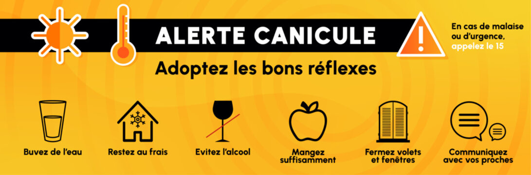 Alerte canicule - Banni&egrave;re - Adoptez les bons gestes - Pr&eacute;vention autour des fortes chaleurs - &Eacute;l&eacute;ments vectoriels &eacute;ditables 