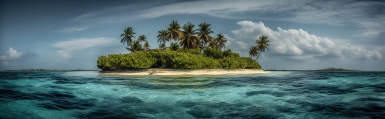 Fototapeta premium A tropical island in the middle of the ocean. Green palm trees and beach on the island. Summer vacation. Generative AI