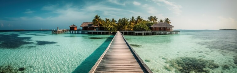 Fototapeta premium Villas on the water, a wooden pier over the azure sea leads to palm trees and villas. Summer vacation, a beach resort on a tropical paradise island. Luxurious tourist landscape. Generative AI