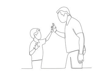 Vector continuous line drawing happy father piggybacking cute little boy playing with dad vecto