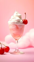 Cherry milk cocktail with whipped cream on pastel pink background. Generative AI.