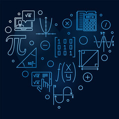 World Math Day vector line heart shaped blue banner - Math 8 March Holiday concept illustration