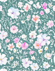Beautiful vector seamless floral pattern with watercolor hand drawn gentle summer flowers. Stock illustration. Natural artwork.