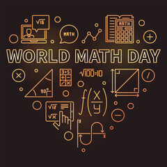 World Math Day concept vector thin line heart shaped golden banner. Math illustration