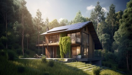 The concept of alternative energy sources. House in the woods with solar panel. Generate Ai. Generative AI