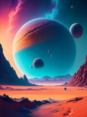 A surrealistic painting of a distant planet, with a mysterious alien landscape and a vibrant sky. Generative AI