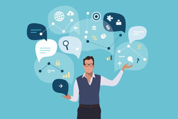 Perfection, balance, risk. Businessman juggling business icons. Concept business vector illustration