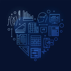 Algebra Learning Heart vector outline blue creative banner - I Love Science concept illustration
