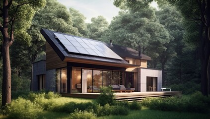 Fototapeta na wymiar The concept of clean energy sources. House in the woods with solar panel. Generate Ai Generative AI