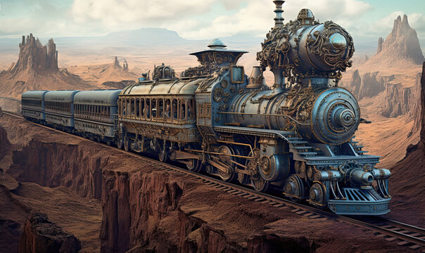 fantasy steampunk train. Generative AI image.