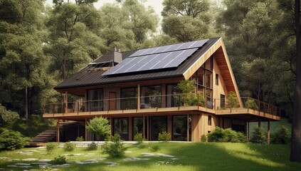 Fototapeta na wymiar Wooden house in the forest with solar panels. The concept of alternative energy sources. Generate Ai Generative AI