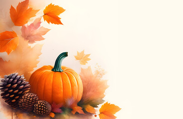 Naklejka na ściany i meble Pumpkin with colorful autumn leaves banner template. Thanksgiving, fall banner with copy space. Digital watercolor, Generative AI.