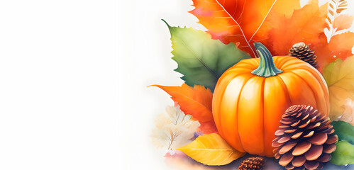 Pumpkin with colorful autumn leaves banner template. Thanksgiving, fall banner with text space. Digital watercolor, Generative AI.