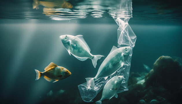 Pesci che escono da una busta di plastica. Inquinamento degli oceani. Ai generated.