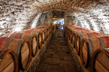 Wine cellar with row of wine barrels
