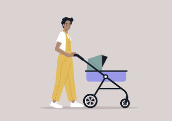 A young Caucasian parent walking with a stroller, outdoor activities
