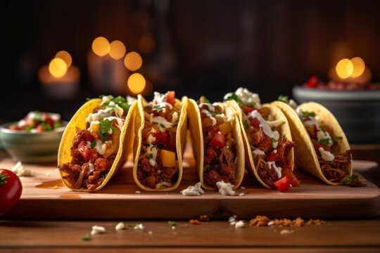 Detailed close-up photography of a tempting tacos on a wooden board against a painted gypsum board background. With generative AI technology